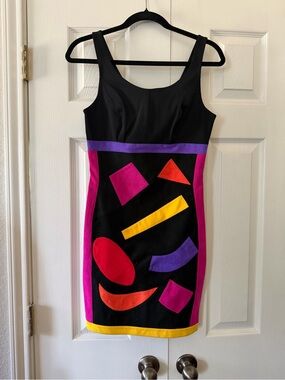 Contemporary Black Mini Dress with Pink, Purple & Yellow Geometric Accents